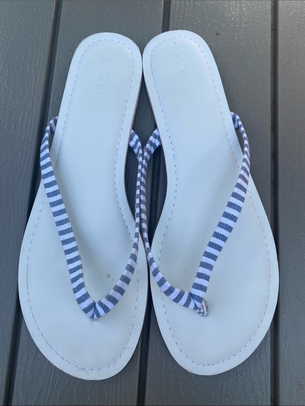 J. Crew White Flip Flop Sandals in Seersucker Themed Straps